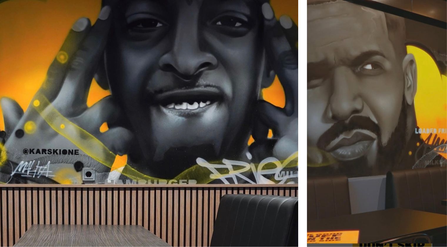 Het interieur kenmerkt zicht door een graffiti wall met hip-hop artiesten